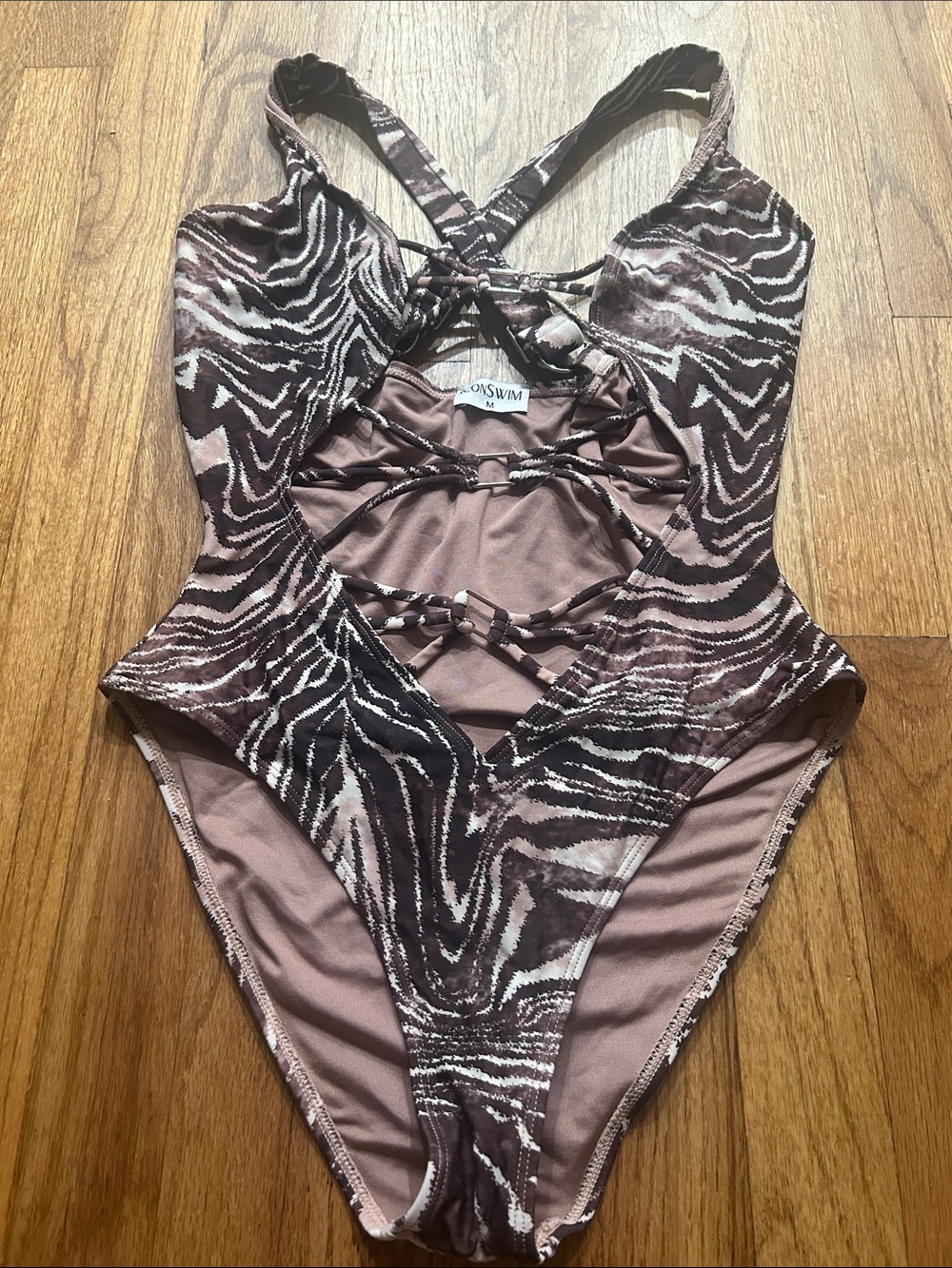 Women’s Brown Zebra Print One Piece Bathing Suit with strappy detail Medium